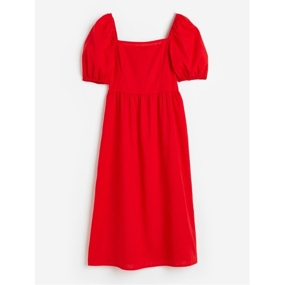 H&M Red Linen Blend Puff Sleeve Midi Dress XS Cottagecore Summer - Picture 2 of 13